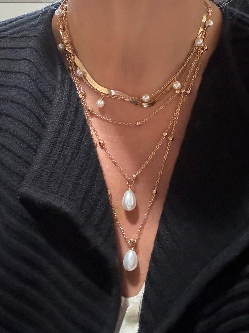 Layered Gold Pearl Teardrop Necklace - Women Jewelry
